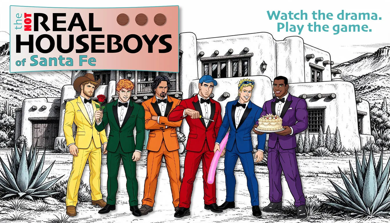 The six houseboys in matching colored tuxedos lined up in front of the Santa Fe adobe estate: Clint in yellow, Benji in green, Milo in orange, Tanner in red, Jaych in blue and Erik in purple holding a cake.
